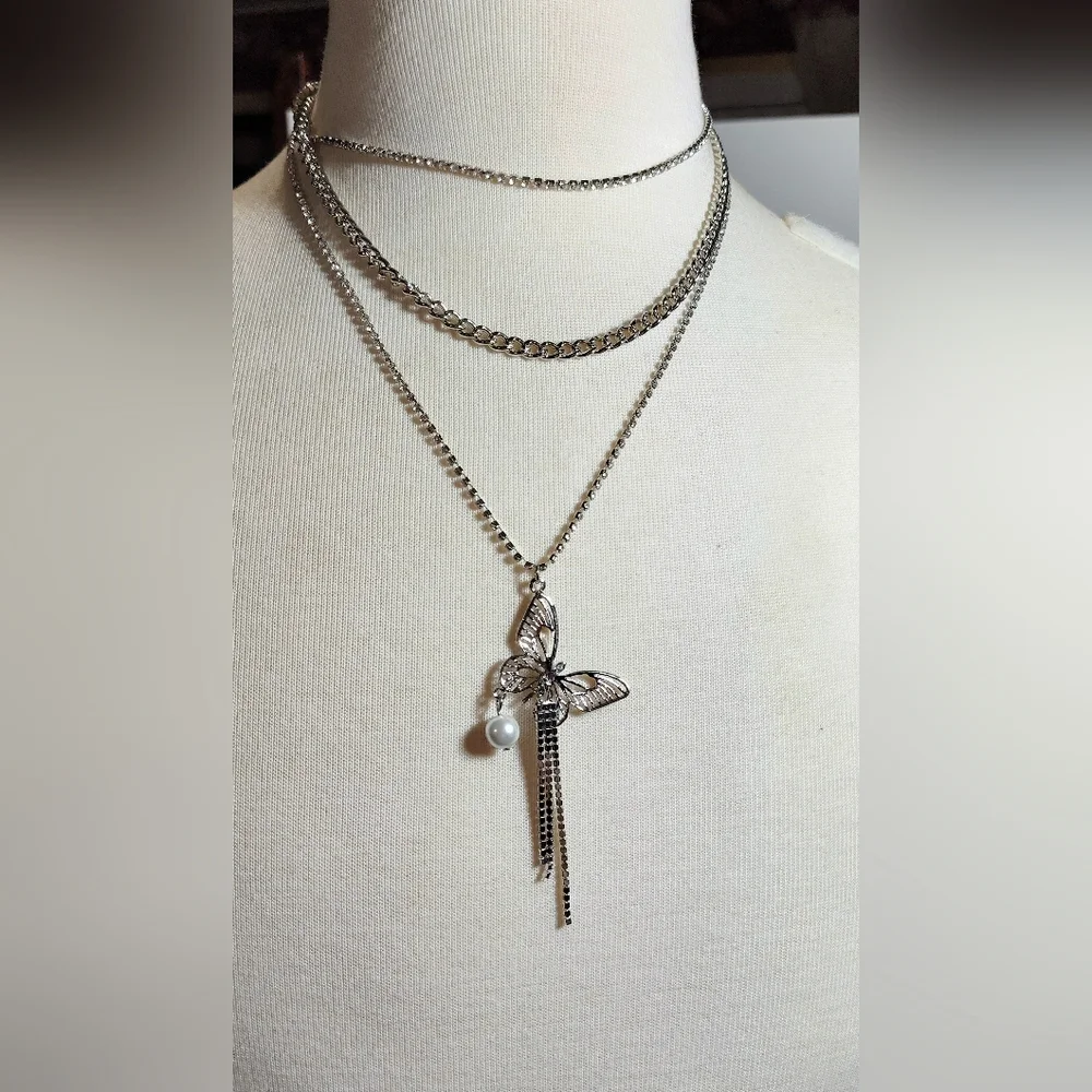 Butterfly Silver Tone Layered Necklace with Pearl Accent  NWOT